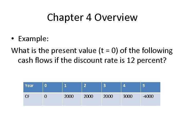 Chapter 4 Overview • Example: What is the present value (t = 0) of