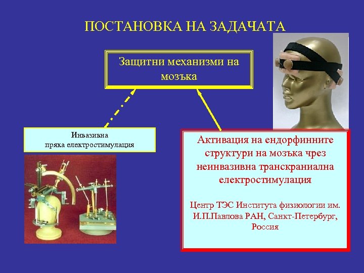 ПОСТАНОВКА НА ЗАДАЧАТА Защитни механизми на мозъка Инвазивна пряка електростимулация Активация на ендорфинните структури