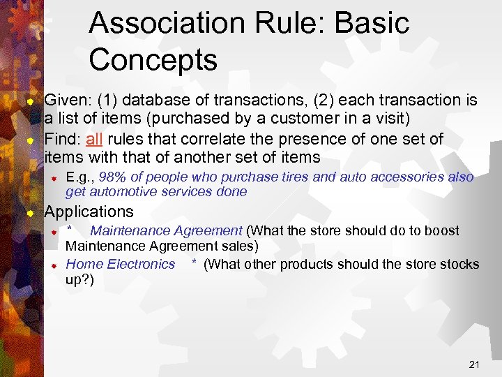 Association Rule: Basic Concepts ® ® Given: (1) database of transactions, (2) each transaction