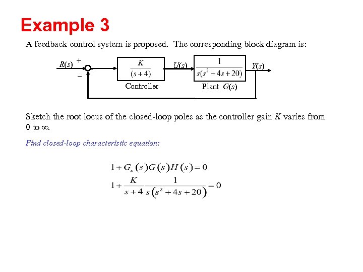 Example 3 A feedback control system is proposed. The corresponding block diagram is: R(s)