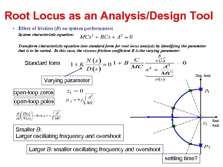 Root Locus as an Analysis/Design Tool • Effect of friction (B) on system performance: