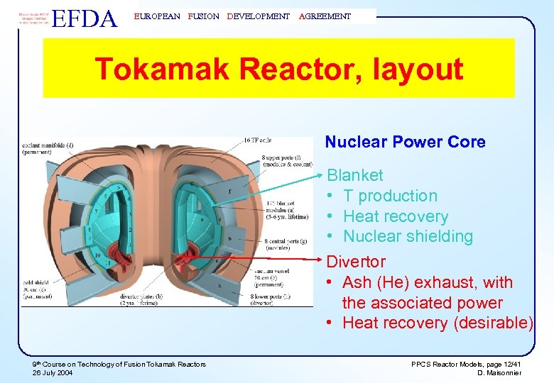 EFDA EUROPEAN FUSION DEVELOPMENT AGREEMENT Tokamak Reactor, layout Nuclear Power Core Blanket • T