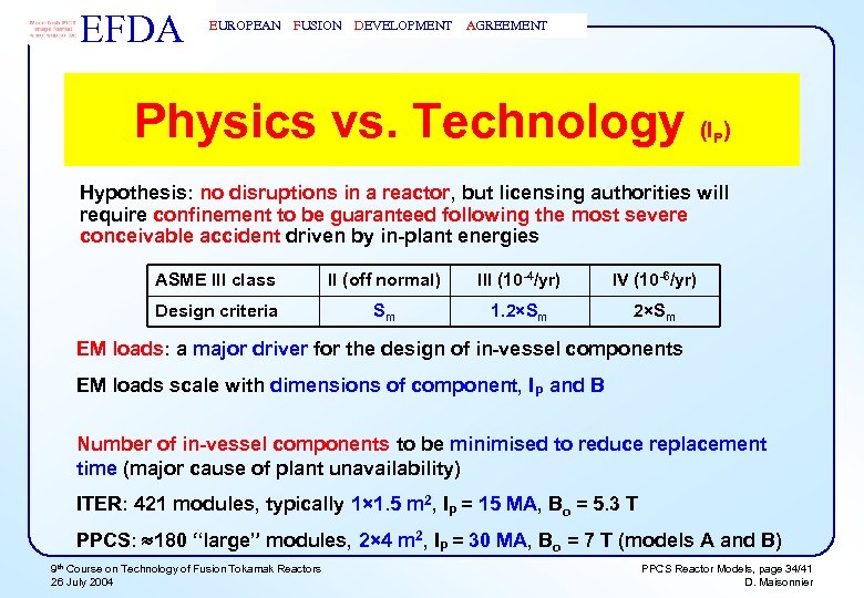 EFDA EUROPEAN FUSION DEVELOPMENT AGREEMENT Physics vs. Technology (I ) P Hypothesis: no disruptions