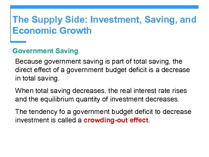 The Supply Side: Investment, Saving, and Economic Growth Government Saving Because government saving is