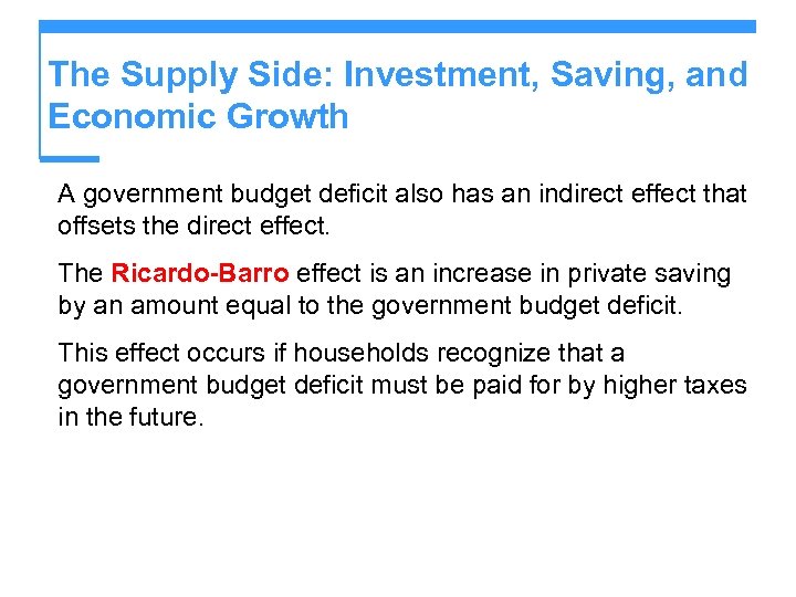 The Supply Side: Investment, Saving, and Economic Growth A government budget deficit also has