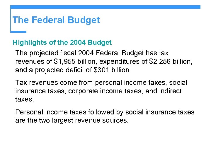 The Federal Budget Highlights of the 2004 Budget The projected fiscal 2004 Federal Budget