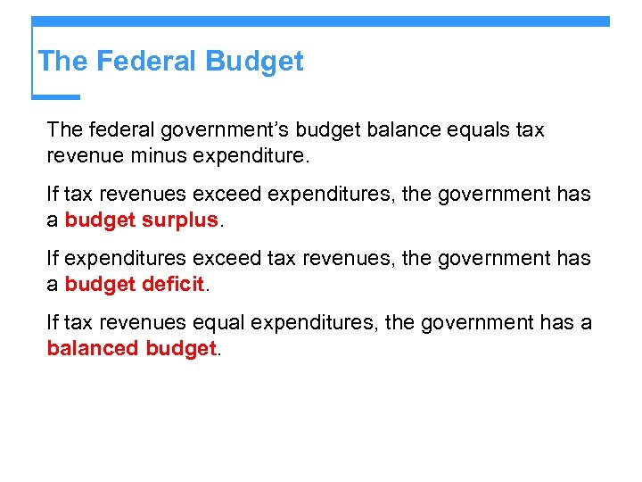 The Federal Budget The federal government’s budget balance equals tax revenue minus expenditure. If