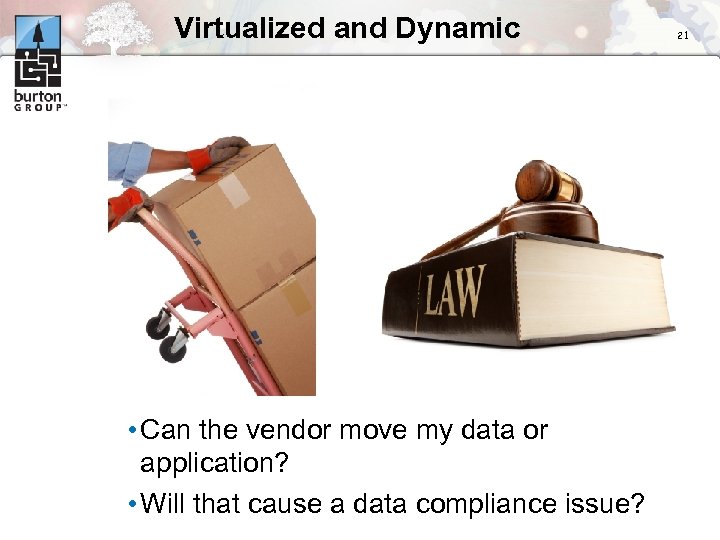 Virtualized and Dynamic • Can the vendor move my data or application? • Will