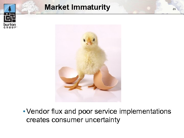 Market Immaturity • Vendor flux and poor service implementations creates consumer uncertainty 26 