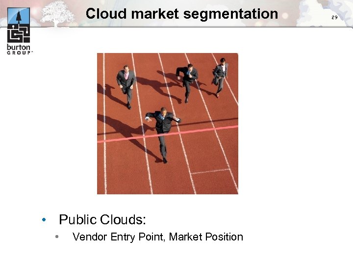 Cloud market segmentation • Public Clouds: • Vendor Entry Point, Market Position 29 