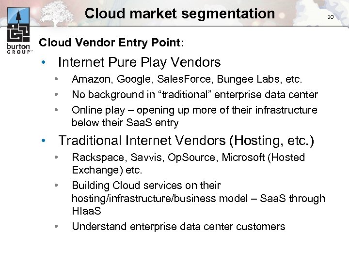 Cloud market segmentation Cloud Vendor Entry Point: • Internet Pure Play Vendors • •