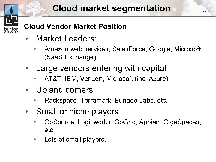 Cloud market segmentation Cloud Vendor Market Position • Market Leaders: • Amazon web services,