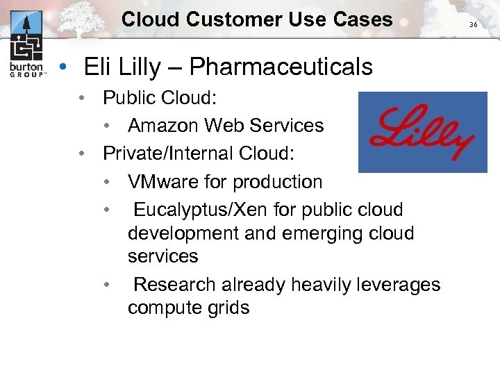 Cloud Customer Use Cases • Eli Lilly – Pharmaceuticals • Public Cloud: • Amazon