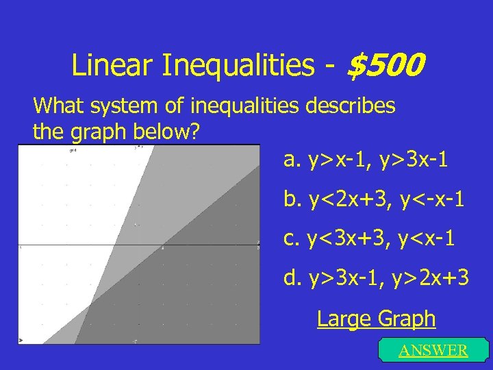 Linear Inequalities - $500 What system of inequalities describes the graph below? a. y>x-1,