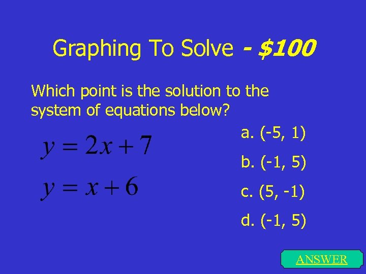 Graphing To Solve - $100 Which point is the solution to the system of