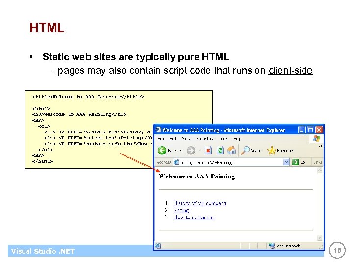 HTML • Static web sites are typically pure HTML – pages may also contain