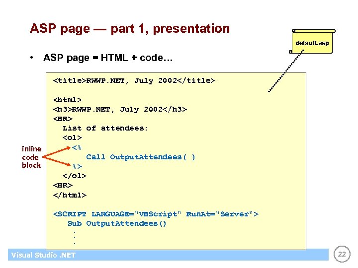 ASP page — part 1, presentation default. asp • ASP page = HTML +