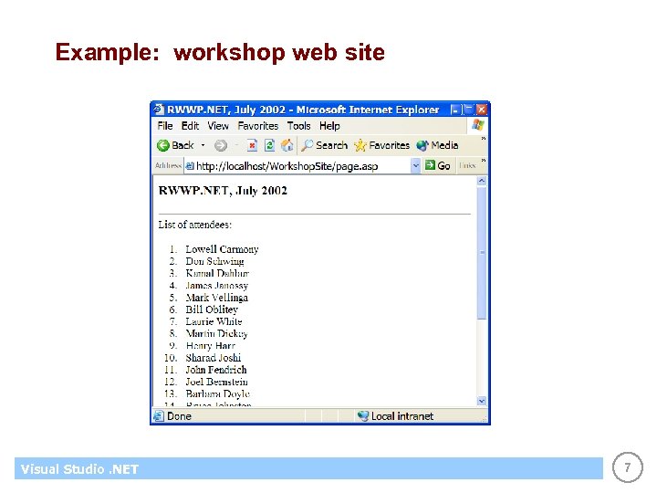 Example: workshop web site Visual Studio. NET 7 