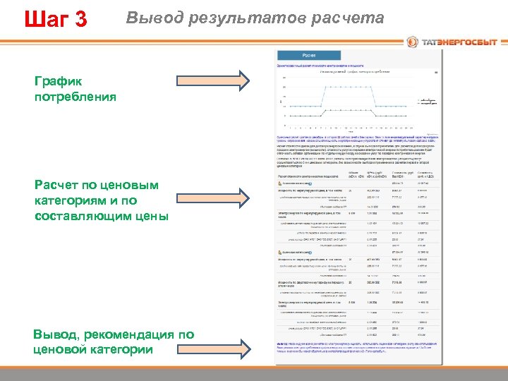 Шаг 3 Вывод результатов расчета График потребления Расчет по ценовым категориям и по составляющим