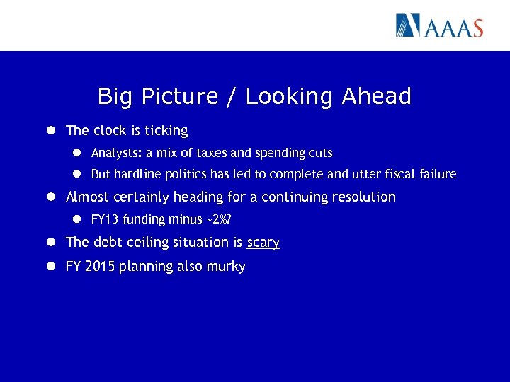 Big Picture / Looking Ahead l The clock is ticking l Analysts: a mix