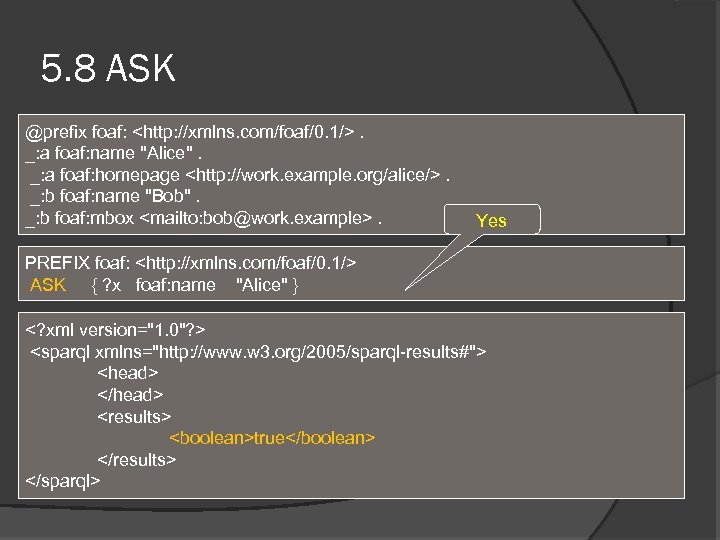 5. 8 ASK @prefix foaf: <http: //xmlns. com/foaf/0. 1/>. _: a foaf: name "Alice".