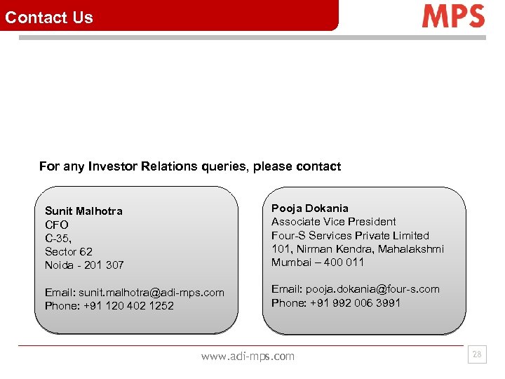 Contact Us For any Investor Relations queries, please contact Sunit Malhotra CFO C-35, Sector