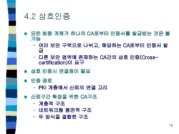 4. 2 상호인증 n 모든 최종 개체가 하나의 CA로부터 인증서를 발급받는 것은 불 가능