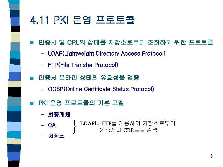 4. 11 PKI 운영 프로토콜 n 인증서 및 CRL의 상태를 저장소로부터 조회하기 위한 프로토콜
