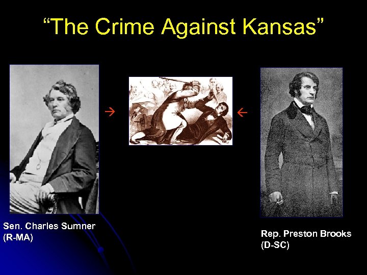 “The Crime Against Kansas” Sen. Charles Sumner (R-MA) Rep. Preston Brooks (D-SC) 