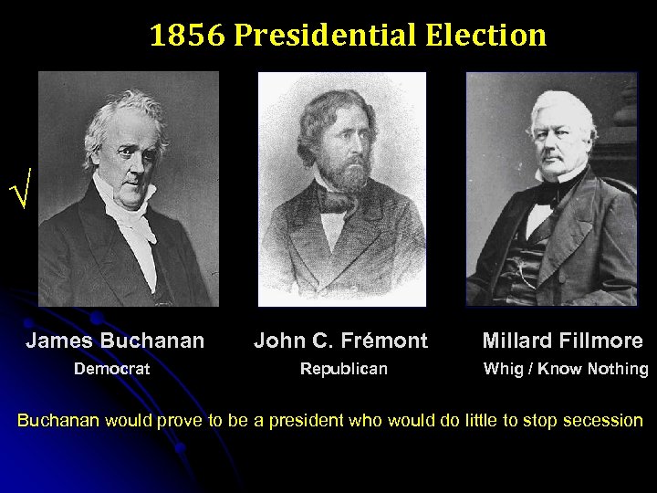 1856 Presidential Election √ James Buchanan John C. Frémont Millard Fillmore Democrat Republican Whig
