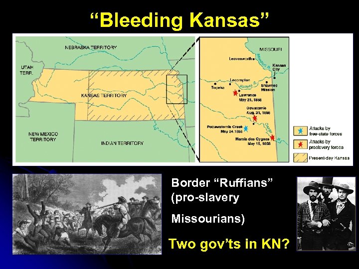 “Bleeding Kansas” Border “Ruffians” (pro-slavery Missourians) Two gov’ts in KN? 