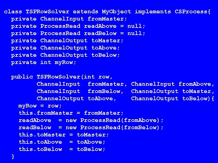 class TSPRow. Solver extends My. Object implements CSProcess{ private Channel. Input from. Master; private