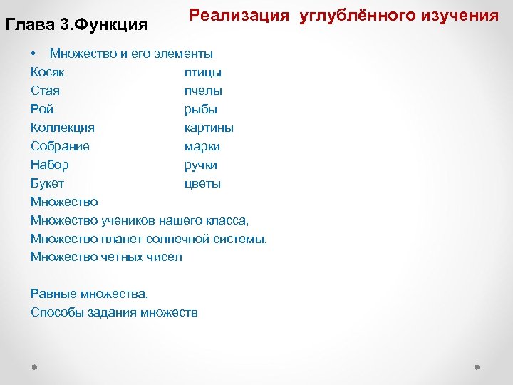 Глава 3. Функция Реализация углублённого изучения • Множество и его элементы Косяк птицы Стая