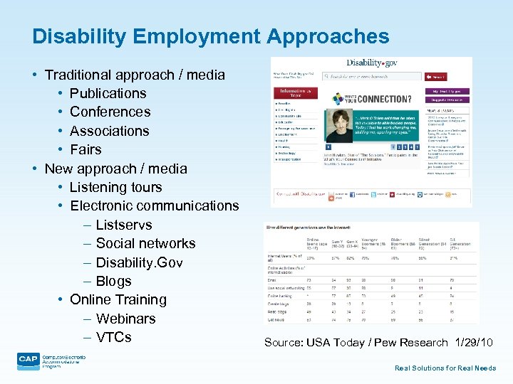 Disability Employment Approaches • Traditional approach / media • Publications • Conferences • Associations