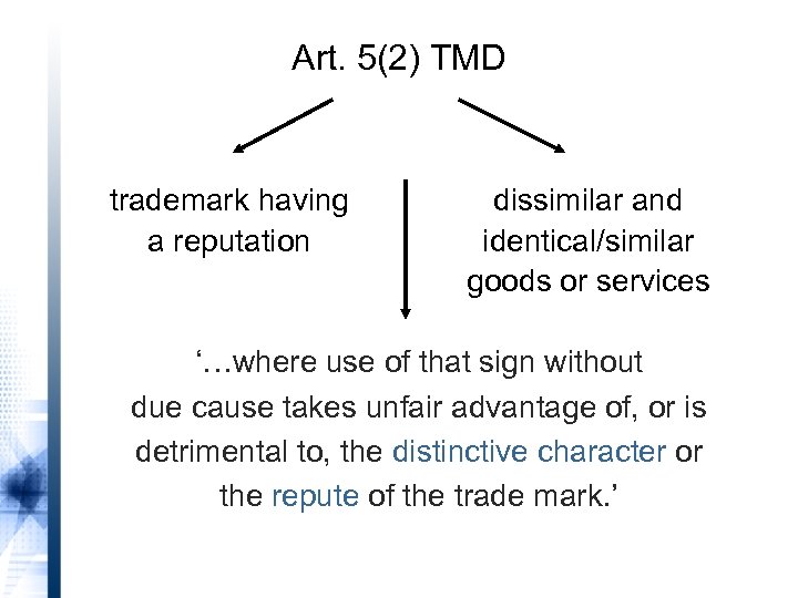 Art. 5(2) TMD trademark having a reputation dissimilar and identical/similar goods or services ‘…where