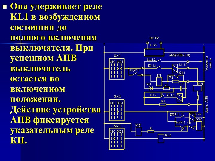 n Она удерживает реле KL 1 в возбужденном состоянии до полного включения выключателя. При