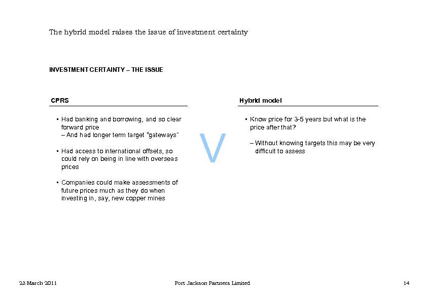 The hybrid model raises the issue of investment certainty INVESTMENT CERTAINTY – THE ISSUE