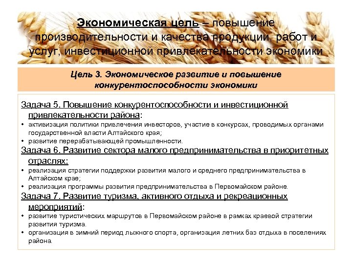 Экономическая цель – повышение производительности и качества продукции, работ и услуг, инвестиционной привлекательности экономики