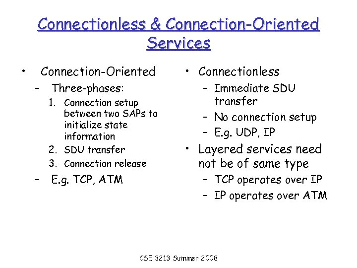 Connectionless & Connection-Oriented Services • Connection-Oriented – Three-phases: 1. Connection setup between two SAPs