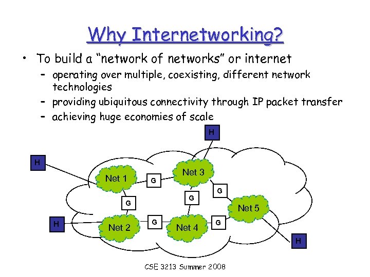 Why Internetworking? • To build a “network of networks” or internet – operating over