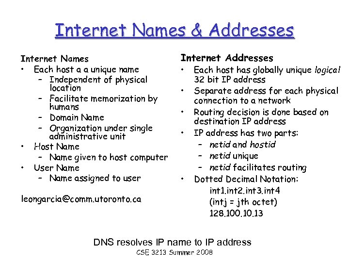 Internet Names & Addresses Internet Names • Each host a a unique name –