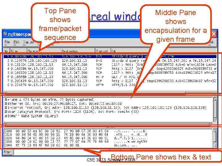 Top Pane Ethereal shows frame/packet sequence Middle Pane windows shows encapsulation for a given