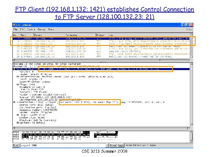 FTP Client (192. 168. 1. 132: 1421) establishes Control Connection to FTP Server (128.