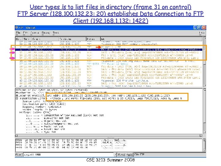 User types ls to list files in directory (frame 31 on control) FTP Server