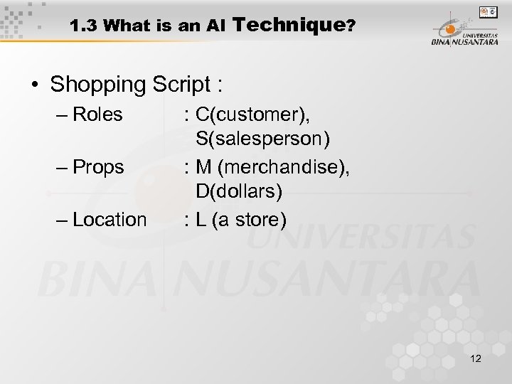 1. 3 What is an AI Technique? • Shopping Script : – Roles –