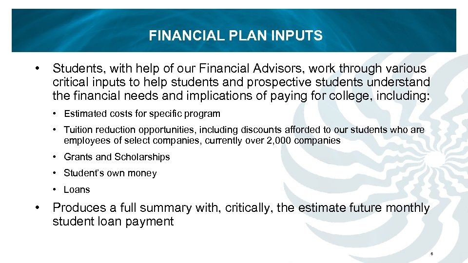 FINANCIAL PLAN INPUTS • Students, with help of our Financial Advisors, work through various