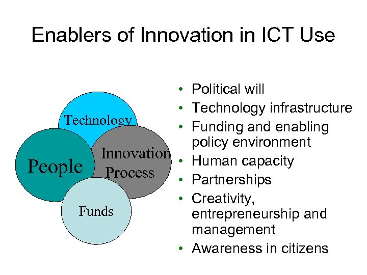 Enablers of Innovation in ICT Use • Political will • Technology infrastructure Technology •