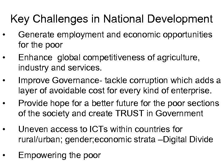 Key Challenges in National Development • • Generate employment and economic opportunities for the