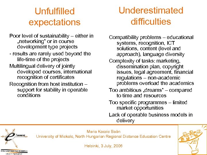 Underestimated difficulties Unfulfilled expectations Poor level of sustainability – either in „networking” or in