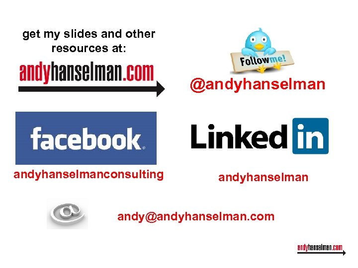 get my slides and other resources at: @andyhanselmanconsulting andyhanselman andy@andyhanselman. com 